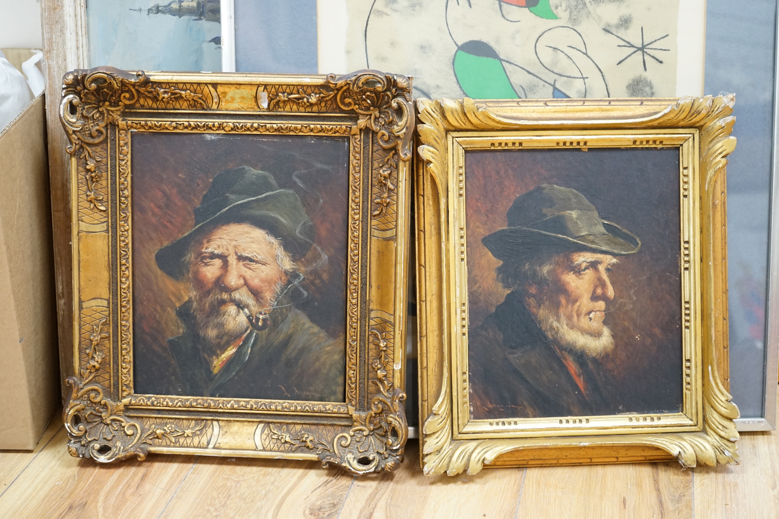 French School, pair of oils on panel, Portraits of gentlemen smokers, indistinctly signed, 26 x 21cm, frames differ. Condition - fair, loose within the frames